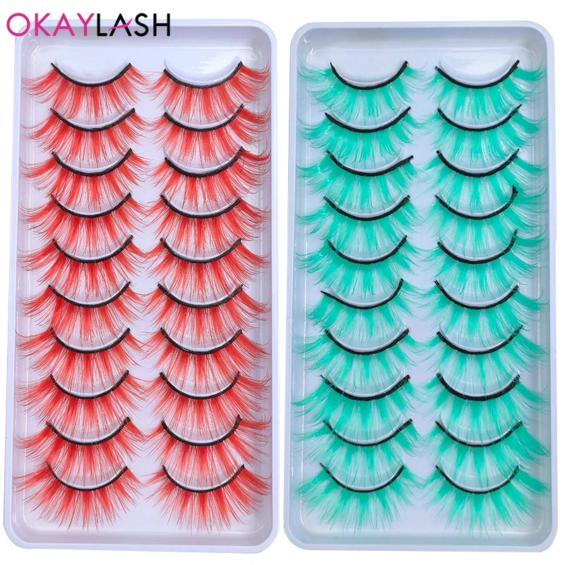 OKAYLASH 10pairs Red Brown Neon Green Purple Colored False Strip Eyelashes Fake Dramatic Cilias Lashes For Cos Play Party