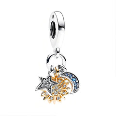 Star, Moon & Sun Triple Celestial Dangle Charm Inlaid Zircon Fit Original Pandora Bracelet & Necklace Women DIY Jewelery Gift