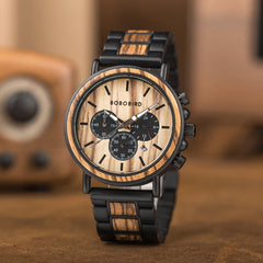 BOBO BIRD Wooden Watch Men erkek kol saati Luxury Stylish Wood Timepieces Chronograph Military Quartz Watches Custom Wood Gift